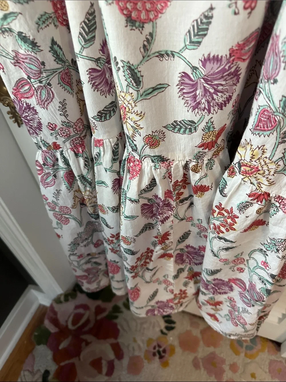 Beautiful Floral White Cotton Maxi Dress with Ruffle Sleeves and hem.